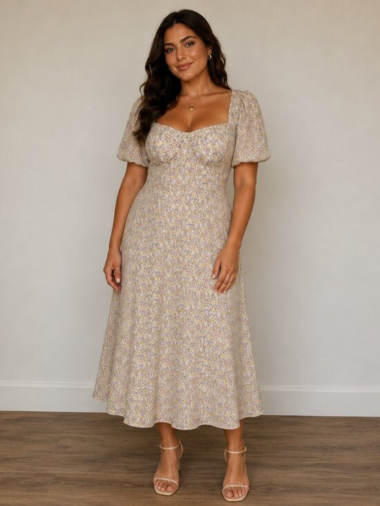 Suzy Shier Dresses & Skirts - Suzy Shier Floral Puff-Sleeve Midi Dress in Lavender and Yellow Large